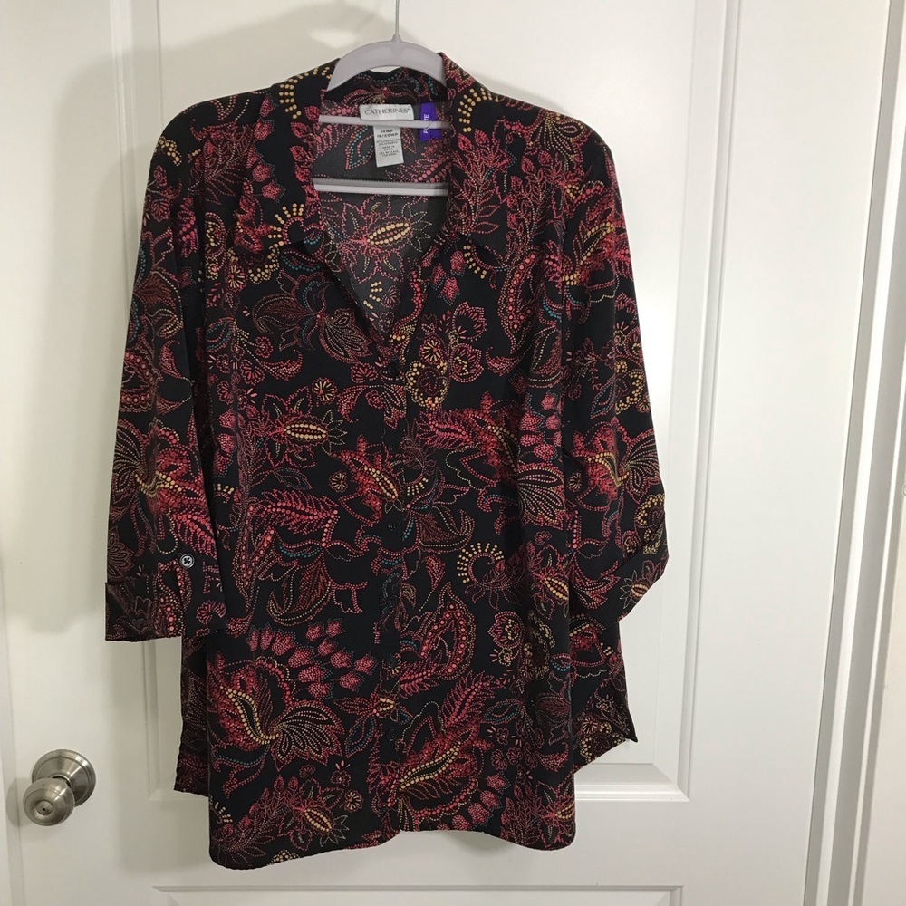 Catherines Black Button Down with Red and Pink Paisley Design 1XWP
